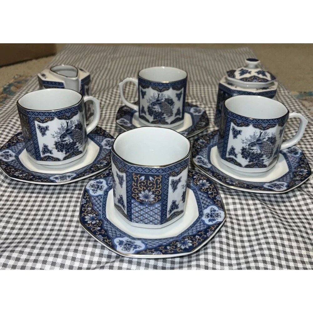 JAPANESE PEACOCK TEA SET 11 PIECES GORGEOUS OCTAGON SHAPE BLUE & WHITE NEW